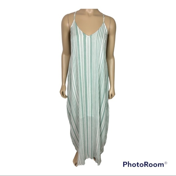 Entro Green/Off White Vertical Stripe V Neck Maxi - NWT  Sz M - Picture 1 of 8